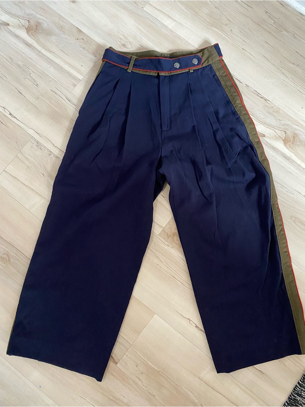 Navy wool blend Wide-Leg Trousers with Olive & Red Trim size 6